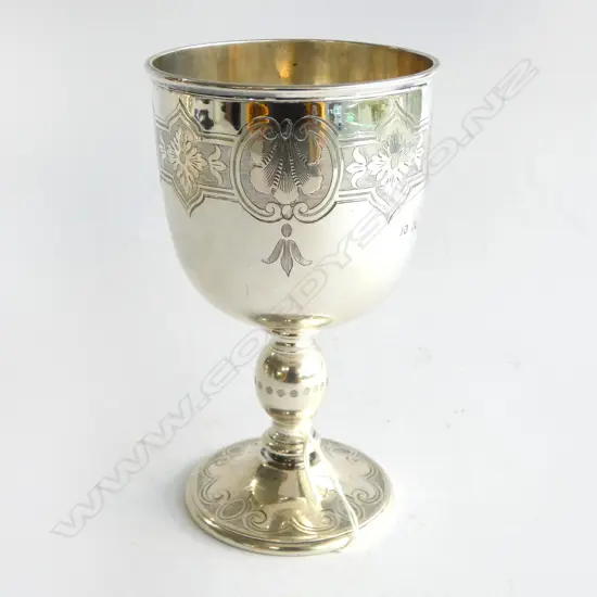 VICTORIAN STG SILVER GOBLET, ENGRAVED PATTERN, LONDON, 244.92gms