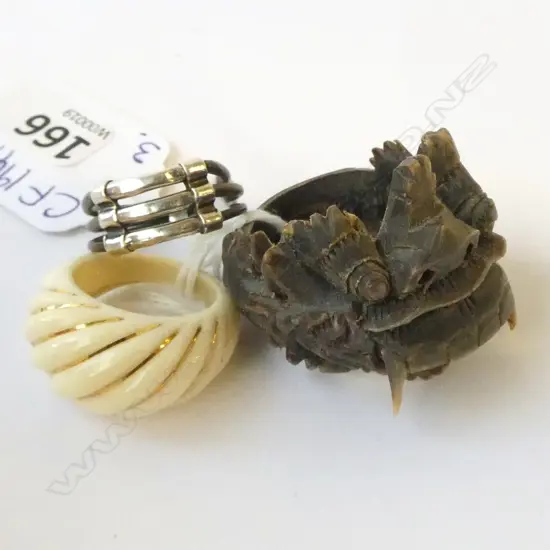 3 RINGS; INDONESIAN CARVED MASK, IVORY & 14CT, SILVER & ELEPHANT TAIL HAIR