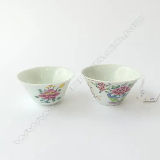 2 CHINESE FAMILLE ROSE WINE CUPS 70mm dia, FAULTS