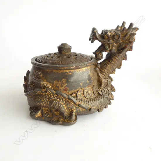 BRONZED METAL CHINESE DRAGON LIDDED CONTAINER  H.130mm