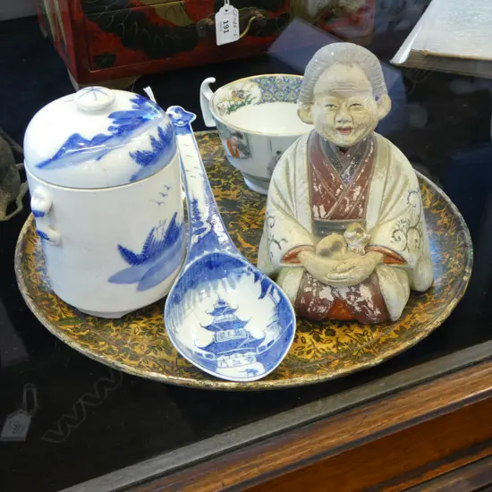 5 ITEMS; TRAY 305mm dia, JAPANESE NODDING WOMAN (FAULTS), SPOON, LIDDED CONTAINER, TEA CUP - ALL EX JOHN PERRY SHOP 90s
