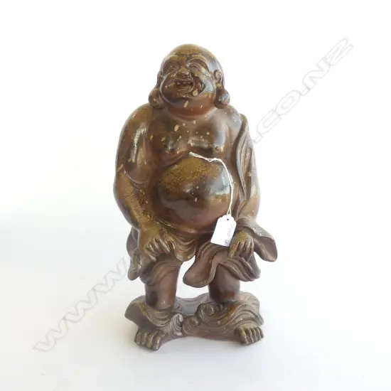 VINTAGE JAPANESE HEAVY POTTERY BUDDHA STATUE pale caramel glaze highlights. Crashing waves / clouds to the base. H.360mm