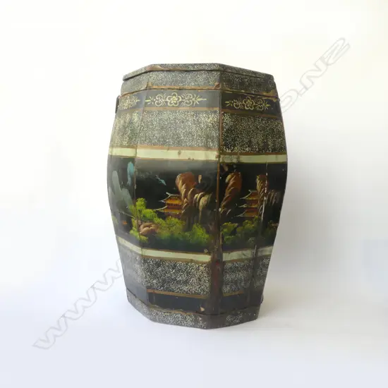 CHINESE HAND PAINTED WOODEN STORAGE BARREL / STOOL H.435mm FAULTS