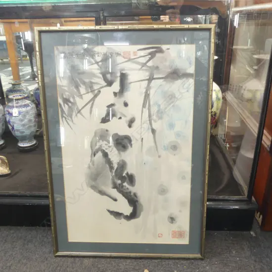 CHINESE INK PAINTING FRAMED w BAMBOO LOOK FRAME, SIGNED, 400 x 600mm
