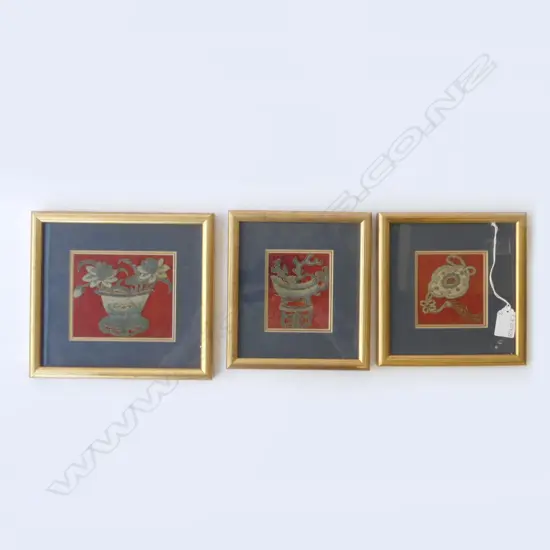 3 FRAMED ORIENTAL EMBROIDERIES 100x120mm
