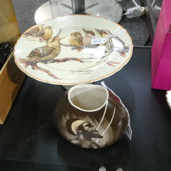 AUSTALIAN HAND PAINTED VASE H130 & KOOKABURRA STEMED PLATE DIA255MM