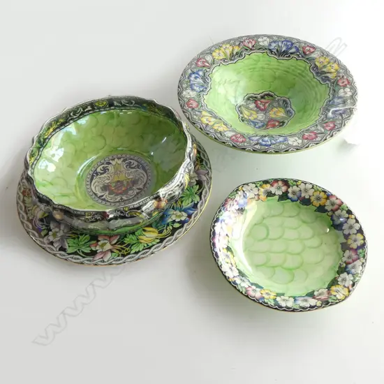 4 PCES GREEN MALING CHINA; 3 BOWLS + PLATE 290mm dia