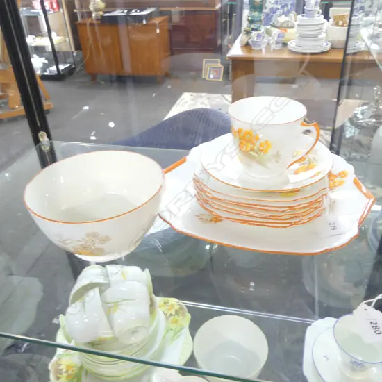 SHELLEY CHINA 7PC SANDWICH SET & MATCHING CSP & SUGAR BOWL ORANGE FLOWER PAT