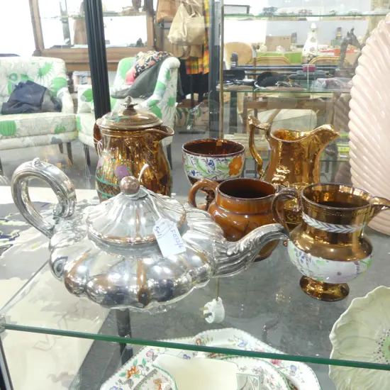 5 PCES VICTORIAN LUSTREWARE + OLD SHEFFIELD PLATE MELON SHAPED TEAPOT