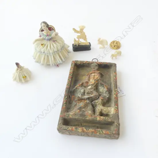 PERUVIAN PLAQUE 175x105mm, 2 DRESDEN FIGURINES, ASST. IVORY BITS