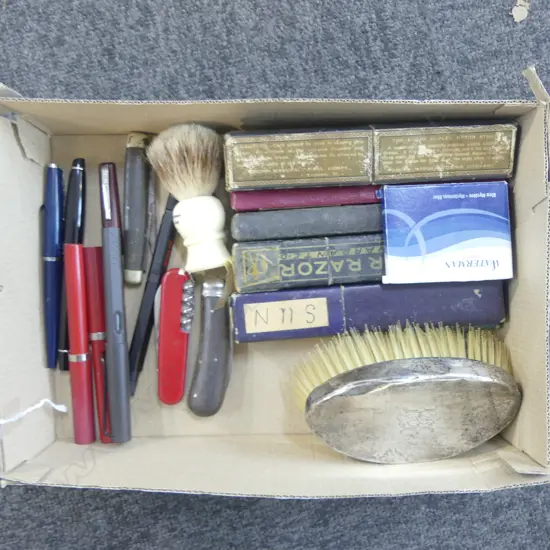 ASST ITEMS; SILVER BACKED HAIR BRUSH, BADGER BRISTLE SHAVING BRUSH, VINTAGE SHAVERS, PENS, KNIVES INCL SWISS ARMY