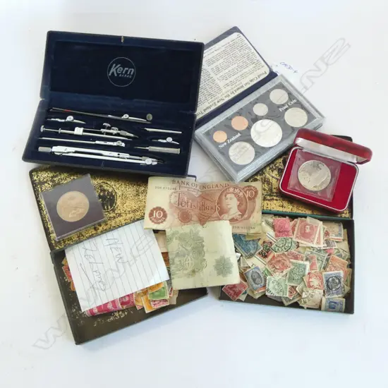 2 TINS STAMPS + 2 PROOF NZ COIN SETS (1977 + 1977 $1) + DRAWING SET cased + UNC $1 + notes