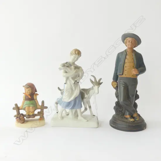 3 FIGURINES; HUMMEL, WOMAN w. GOATS, GENT (REPAIRS) H.210mm