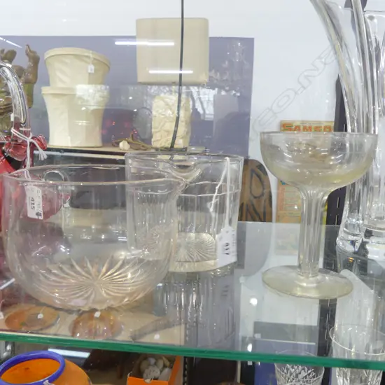 2 ANTIQUE CRYSTAL MIXING BOWLS (ONE CHIPPED) + HOLLOW STEM GLASS 