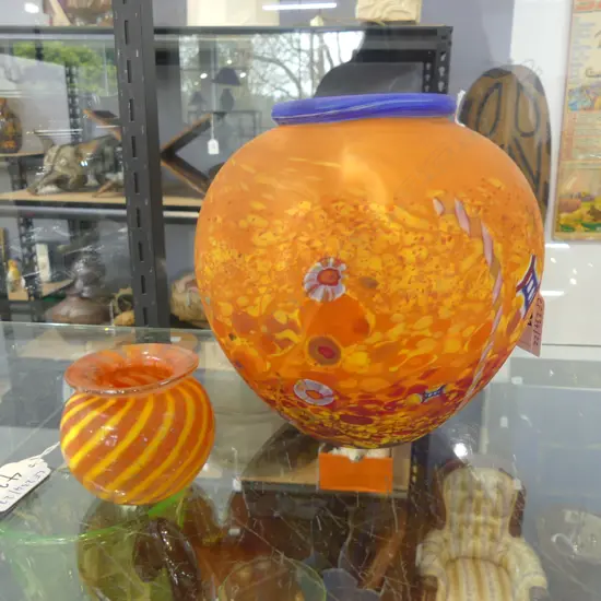 2 SIGNED STUDIO GLASS VASES BRIGHT ORANGE COLOURS H170 & 60MM