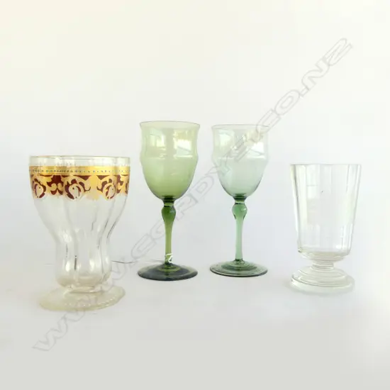 ANTIQUE GLASS WARE; 2 GRN POWEIL c1890, MURANO & MARIENBAD ENGRAVED