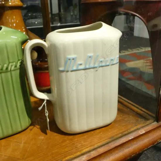 CROWN LYNN MCALPINE JUG white with blue lettering H.220mm. Unmarked