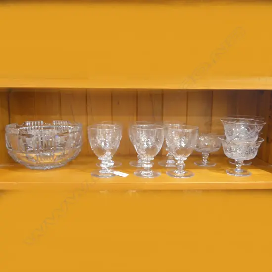 12 STUART CRYSTAL GLASSES; 6 GOBLETS + 6 SUNDAE + HEAVY CRYSTAL BOWL 205mm dia