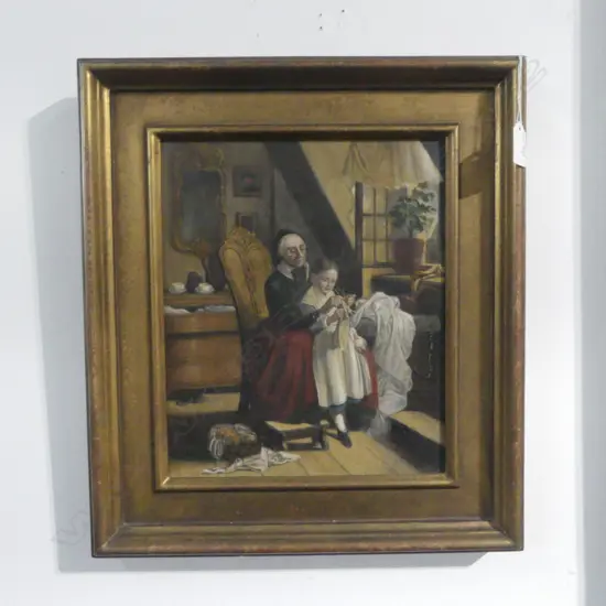 'THE KNITTING LESSON' OIL ON CANVAS AFTER CURRIER & IVES PRINT, 300x250mm