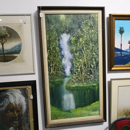 OIL ON BOARD WATERFALL IN BUSH SIGNED LOUIS STATHAM H1010 W500MM