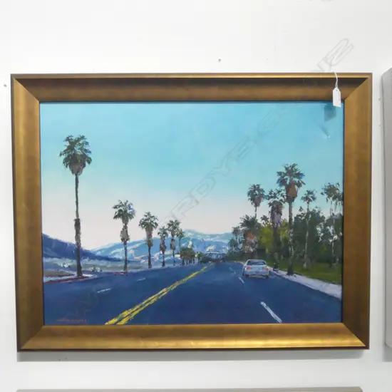 PALM TREE LINED LA, OIL on CANVAS, 440 x 580mm (sml damage to canvas)