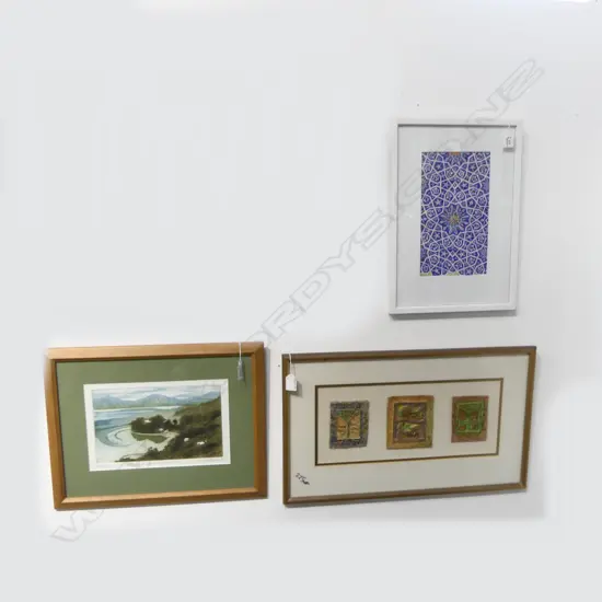 THREE FRAMED WORKS INCLUDING PRINT BY N.Z. ARTIST 'STEWART ISLAND' 27/40