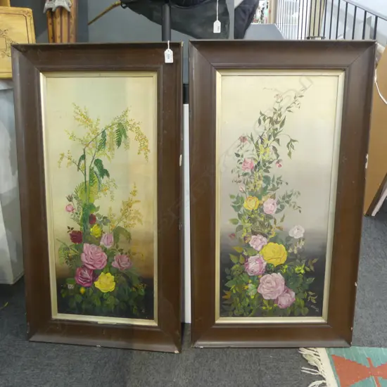 TWO VICTORIAN FLORAL OIL PTGS, H.780 x 340mm (ptgs & frames aged cond.)
