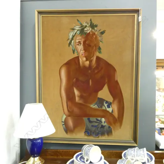 CHARLES MCPHEE, 'BORA BORA CANOEIST', OIL ON VELVET 900x670mm faults to face