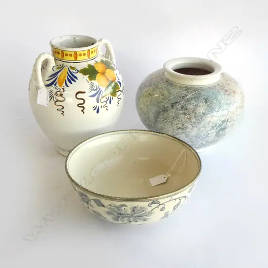 FRENCH COUNTRY VASE + VASE & WHITE METAL RIMMED BOWL Dia.245mm