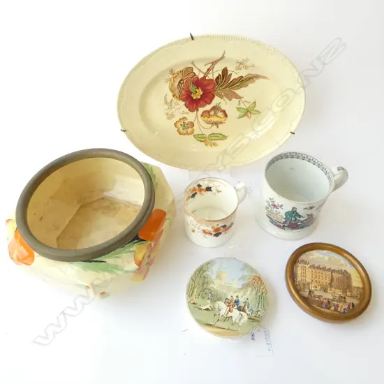 2 PICTORIAL POT LIDS, ROYAL ALBERT CUP, 'GEORGIAN SPRAY' CLARICE CLIFF PLATES (FAULT) etc