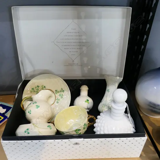 6 PCES BELLEEK + WHITE FENTON GLASS BOTTLE H.150mm