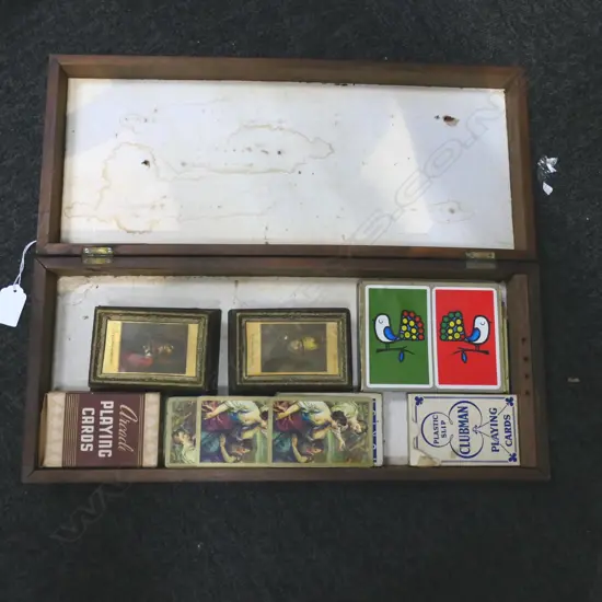 ANTIQUE INLAID GAME BOX & VINTAGE CARDS L430MM