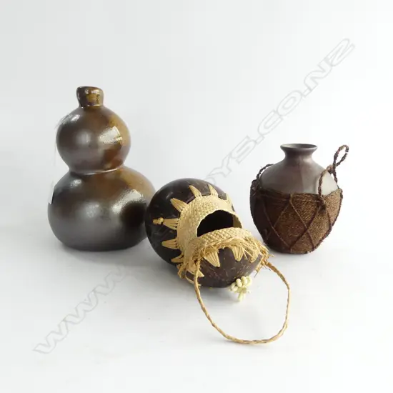 GLAZED POTTERY GOURD FORM VASE H.260mm + 2 OTHER VESSELS 