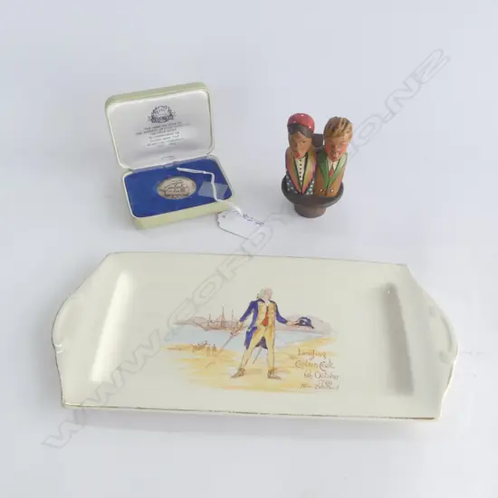 SILVER HAWKES BAY & GISBORNE JAMES COOK MEDAL. Cased + TUNSTALL COOK DISH + carved stopper