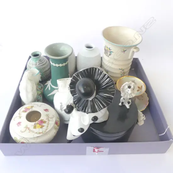 TRAY OF SMALL VASES LIDDED CLOWN JAR H200MM WORCESTER JUG ETC