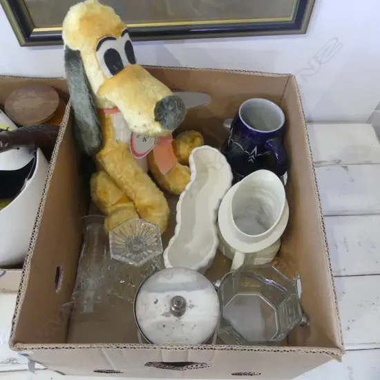 PLUTO DOG SOFT TOY, CROWN LYNN WHITE VASE, CERAMICS ETC