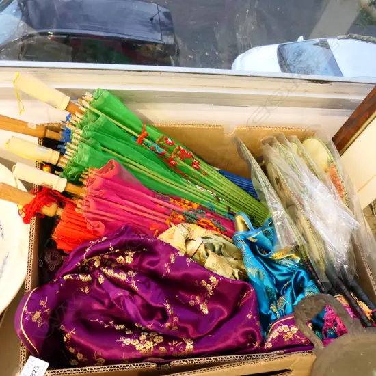 ORIENTAL ITEMS;  CHEONGSAM DRESSES, FANS, PARASOLS