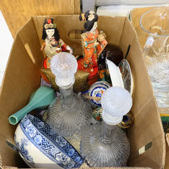 ASST. COLLECTABLES, ORIENTAL CHINA, JAPANESE DOLLS, 2 GLASS DECANTERS etc
