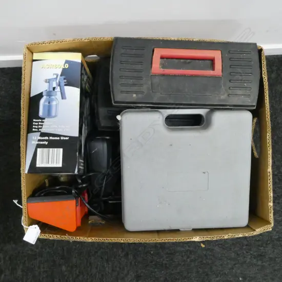 BOX OF ASST. TOOLS, ELECTRIC DRILLS, SPRAY GUN etc