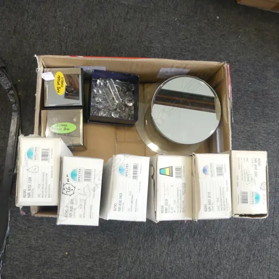 BOX OF SHOP FITTINGS & BOXES CRYSTAL CHANDERLER DROPS ETC