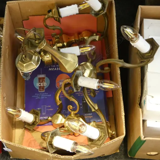 BRASS 5 LIGHT CHANDELIER 600mm dia + 1 DOUBLE & 2 SINGLE SCONCES