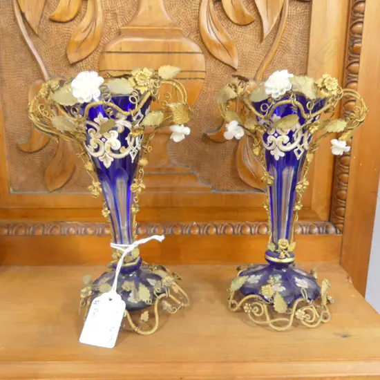 PR BLUE CRYSTAL VASES w. METAL DECORATION H.175mm