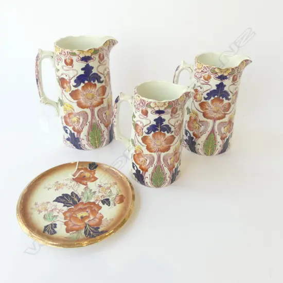 SET OF 3 EDWARDIAN GRADUATED FLORAL JUGS H200MM TALLEST & DISH
