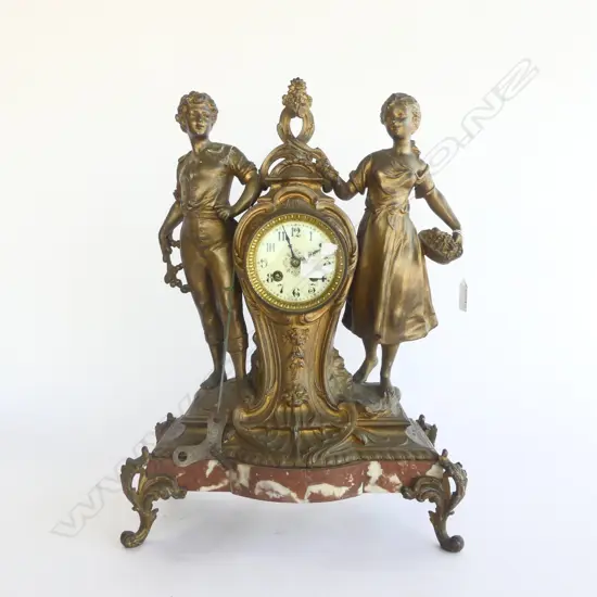 19thC FRENCH ROCOCO FIGURAL BRASS CLOCK H.500mm with key