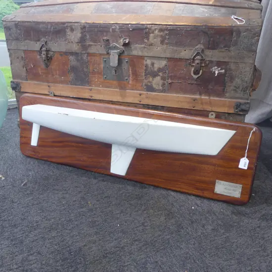 BOAT HALF HULL MODEL ON MAHOGANY PANEL 'TE RAUPARAHA ROSS 40' JUNE 1983' 270x930mm 