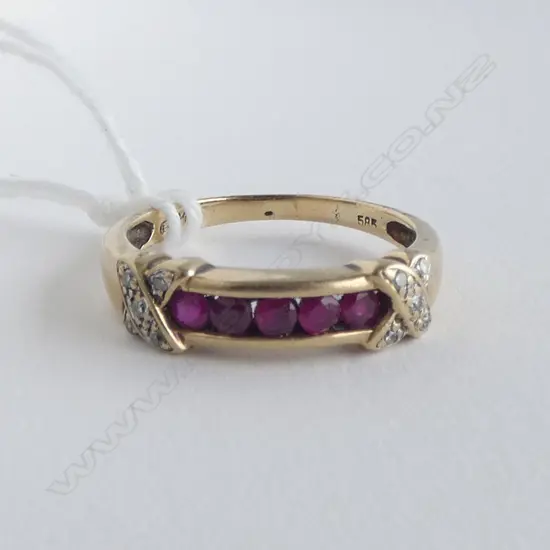 14ct YELLOW GOLD 5 RUBY & DIAMOND RING channel set rubies 2.7gms SIZE P 1/2