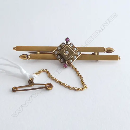 ANTIQUE 15ct YELLOW GOLD RUBY DIAMOND & SEED PEARL DBLE BAR BROOCH 3.7gms