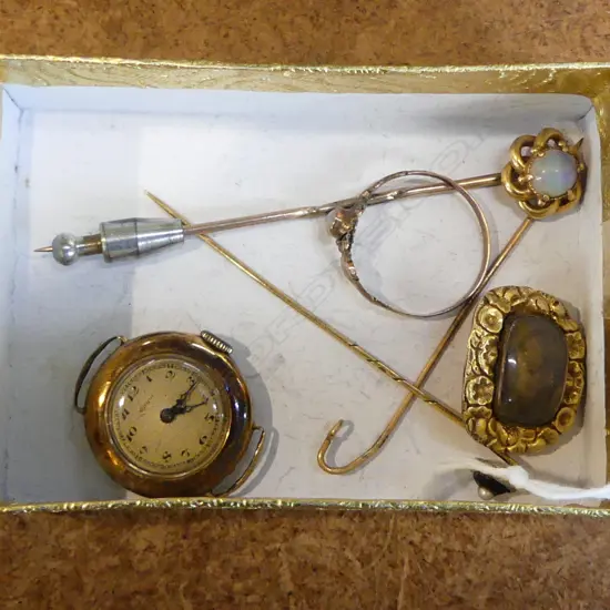 14ct GOLD ALPINA LADIES WATCH + 3 GOLD PINS + GOLD Victorian brooch + gold RING 20gms