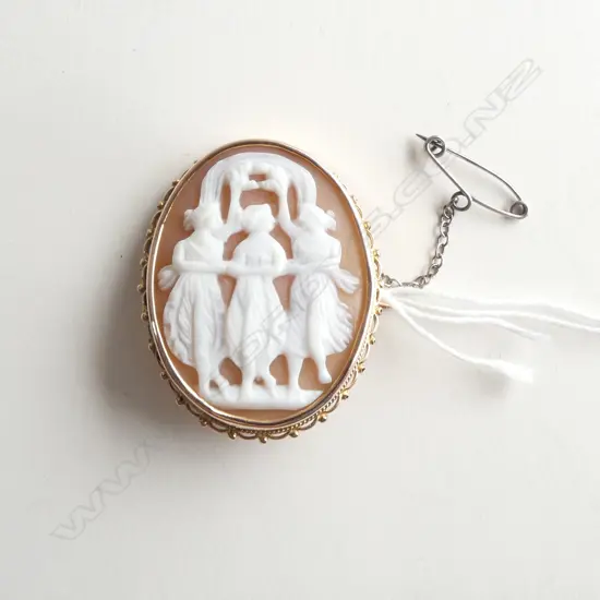 9ct ROSE GOLD FRAMED CAMEO shell carved Three Graces 8.1gms