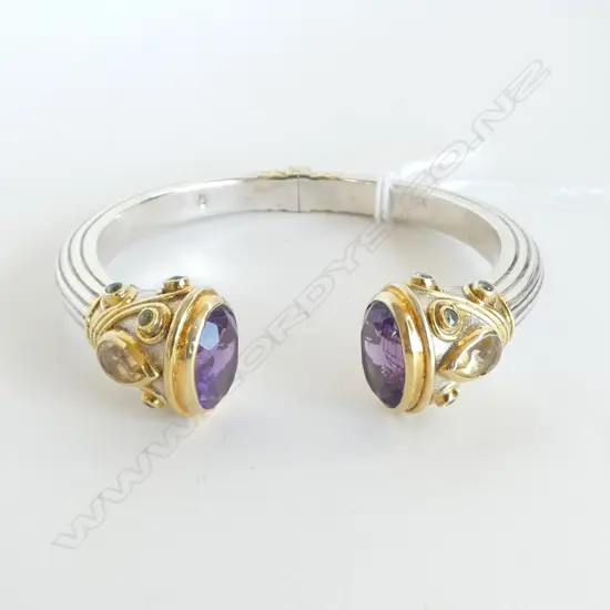 SILVER & GILT HINGED DESIGNER CUFF, SET w AMETHYST, CITRINE & PERIDOT, NEW